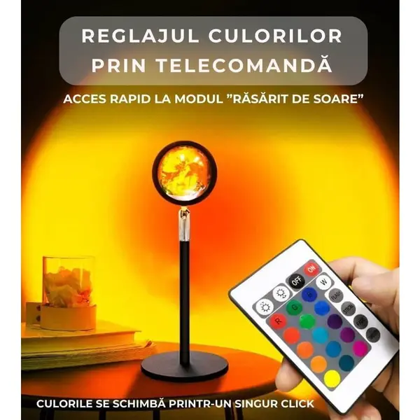 DelSim Lampa ambientala LED, Smart 72DESI, efecte de lumini pentru fotografie si transmisie live, control prin Aplicatie telefon si telecomanda, proiecteaza Apus de Soare, lentila de cristal, 16 culori si 4 nuante de curcubeu, cap rotativ 360°, Negru