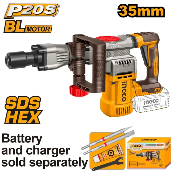 Demolator Profesional 20V SDS HEX Brushless INGCO CDBLI20358, 16J, 0-3200 bpm, sistem prindere SDS HEX, fara acumulator si incarcator