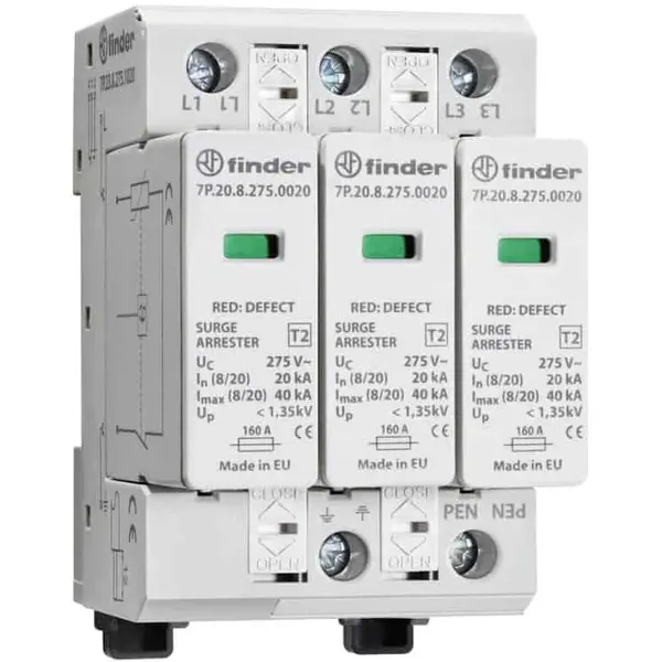 Descarcator la supratensiune, 3+0, debrosabil fara semnalizare, 3P, tip C, 275VAC Finder 7P.23.8.275.0020