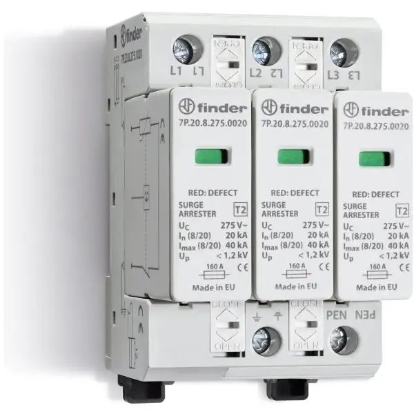 Descarcator la supratensiune fotovoltaic, 3+0, debrosabil fara semnalizare, 3P, tip C, 1020VDC Finder 7P.23.9.000.0015