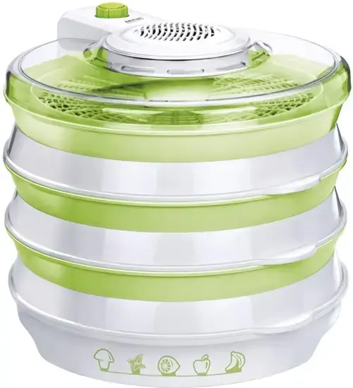 Deshidrator alimente MPM MSG-06, 400 W, 6 site, 30 cm, 2 trepte flux aer, Pliabil, Fara BPA (Alb/Verde)