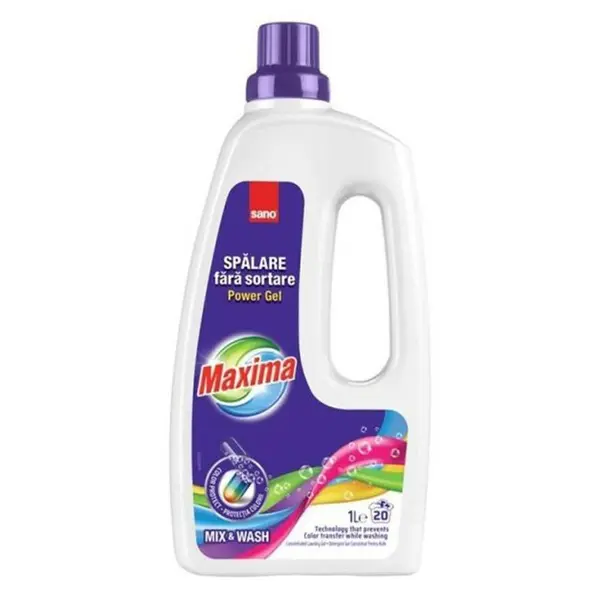 Detergent de Rufe Lichid Sano Maxima Power Gel Mix & Wash, Protejeaza Culorile, 20 Spalari, 1 l