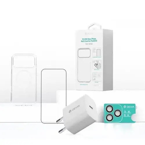 Devia Set 4 in 1 iPhone 17 Pro Incarcator retea GaN PD 30W + husa silicon Magsafe + folie sticla Military-Grade cu aplicator + folie sticla camera (Alb/Transparent)