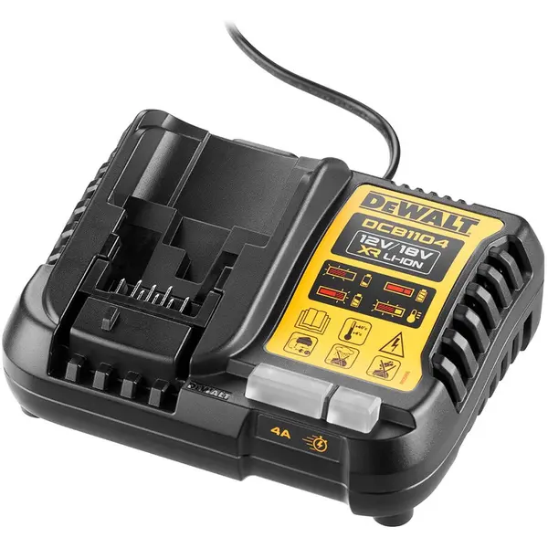Dewalt Incarcator compact slim acumulatori DeWALT DCB1104 XR compatibilitate multipla, incarca toate bateriile DeWALT de 10,8V, 12V, 14,4V si 18V XR Li-Ion, sistem de incarcare in 2 etape, indicator LED, Negru-Galben