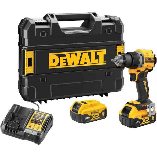 Dewalt Masina compacta de gaurit si insurubat (bormasina) pe acumulator DeWALT DCD794P2T, motor fara perii, 18V XR, 2 acumulatori 5 Ah Li-Ion, cuplu 74 Nm, 2 viteze, iluminare LED, corp slim 15 cm, incarcator, cutie transport din plastic TSTAK