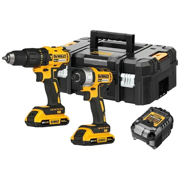 Dewalt Set 2 scule profesionale pe acumulator DeWALT DCK2060D2T, 18V XR, Motor fara perii, Masina de gaurit cu percutie DCD778, Masina de insurubat cu impact DCF787, 2x acumulator Li-Ion 2 Ah, Incarcator rapid, Cutie transport TSTAK II