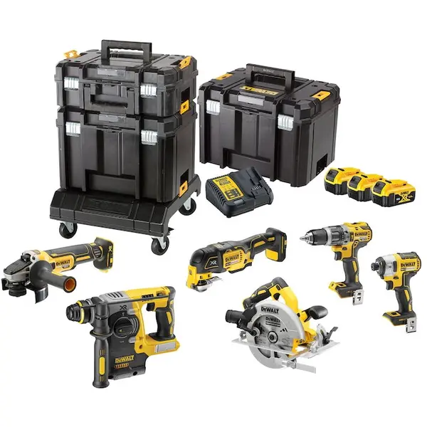 Dewalt Set 6 scule DeWALT DCK685P3T, 18V XR, brushless, masina de gaurit DCD796, masina de insurubat DCF887, rotopercutor DCH273, polizor unghiular DCG405, fierastrau circular DCS570, multif. oscilant DCS355, 3x acumulator Li-Ion 5 Ah, valize TSTAK