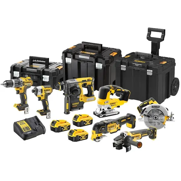 Dewalt Set 7 scule DeWALT DCK755P3T, 18V XR, brushless, masina de gaurit DCD796, masina de insurubat DCF887, rotopercutor DCH273, polizor unghiular DCG405, fierastrau circular DCS570, oscilant DCS355, pendular DCS334, 3x acumulator 5 Ah, valize TSTAK
