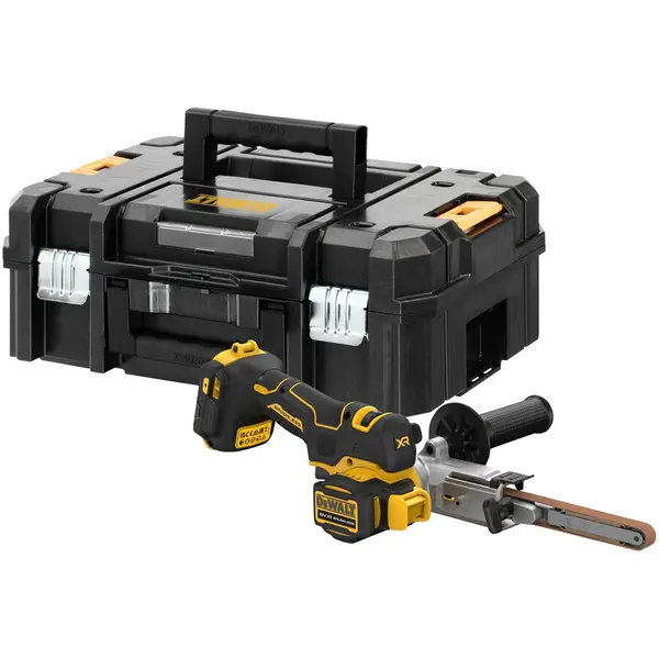 Dewalt Slefuitor cu banda pe acumulator DeWALT DCM200NT, 18V XR, motor fara perii, iluminare LED, latime banda 13 mm, viteza variabila maxima 1.700 m/min, brat pivotant 173 grade, cutie transport TSTAK, fara incarcator/acumulator, Galben