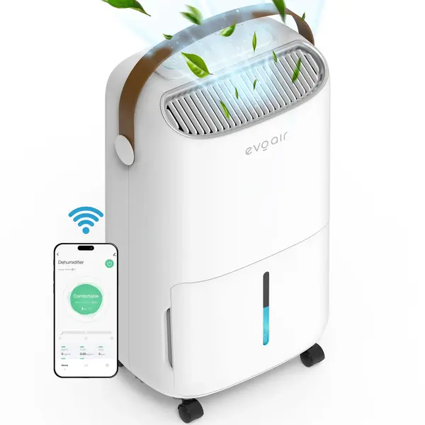 - Dezumidificator Evoair, NovaDry 16 Smart, 16l/24h, Senzor de Umiditate, Functie Ionizare, Uscare Rufe, Rezervor 2.5l, Lampa UVC, Alb, Curea Maro