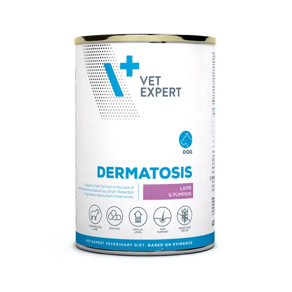Dieta veterinară umedă, pentru câini adulți, Vet Expert Dermatosis, Miel și Dovleac, 400g