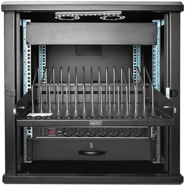 Digitus Raft extensibil Digitus DN-97665 pentru tablete, notebook-uri, smartphone-uri, 19 inch, 1U, 14 compartimente, Negru