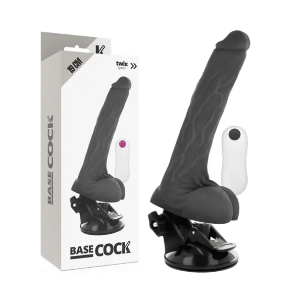 Dildo realist cu vibrații BASECOCK – Realistic Vibrator, telecomandă cu fir, 12 moduri de vibrare, ventuză, extensie pentru penis, 19 cm, negru