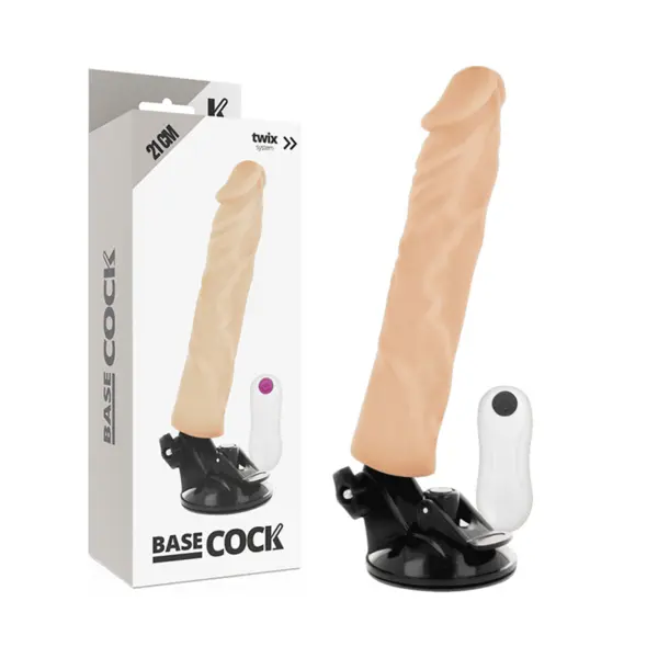 Dildo realist cu vibrații BASECOCK – Realistic Vibrator, telecomandă cu fir, 12 moduri de vibrare, ventuză, extensie pentru penis, 21 cm, culoare natu