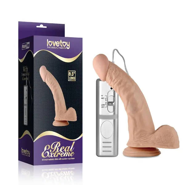 Dildo realist cu vibrații REAL EXTREME – Vibrating Dildo Flesh, ventuză puternică, 3 viteze de vibrare, waterproof, 21.5 cm