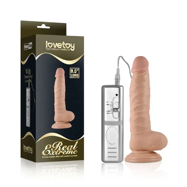 Dildo realist cu vibrații REAL EXTREME – Vibrating Dildo Flesh, textură realistă și ventuză pentru utilizare hands-free, 21.5 cm