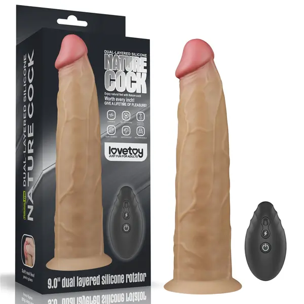 Dildo realist rotativ LOVETOY – Dual Layered Platinum Silicone Rotator, vibrații și rotații, telecomandă, silicon platinat, 22.8 cm