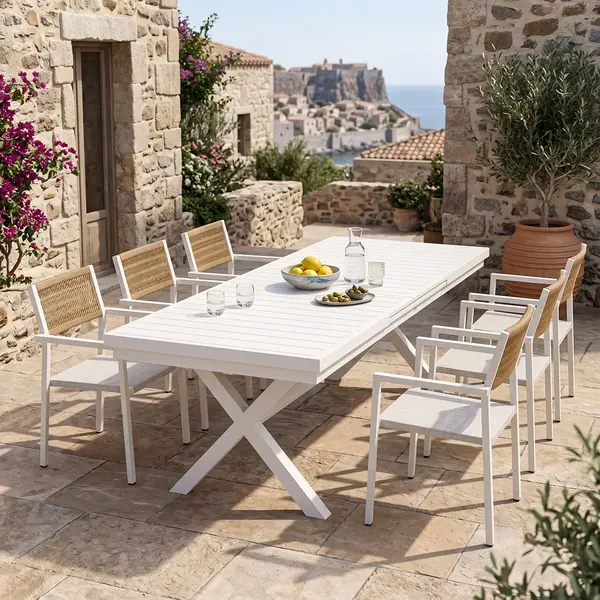 Dining set Dagyn Savor pakoworld set 7pcs white aluminum with textline PE rattan in natural shade 180-240x90x76cm Set dining Dagyn Savor pakoworld, 7 piese, alb, aluminiu cu ratan PE Texteline într-o nuanță naturală, 180-240x90x76 cm.