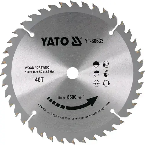 Disc circular pentru lemn Yato YT-60633, 190x16x 2.2 mm, 40 dinti