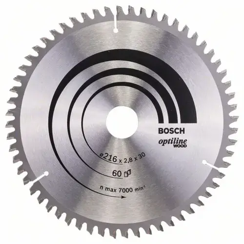 Disc pentru fierastraie electrice, Bosch, Optiline Wood, 216x30x2.8 mm, 60 dinti, Otel, Argintiu