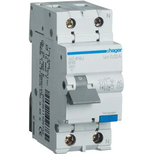 Disjunctor diferential 1P+N 16A/30mA curba B tip AC 4.5kA Hager AD816J