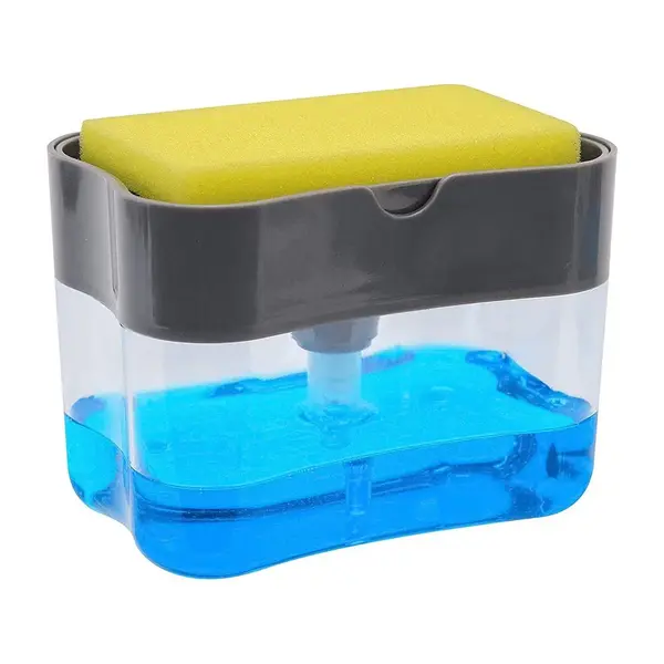 Dispenser detergent lichid de vase 2-in-1 HAWIRE, Burete si suport inclus, Rezervor 385ml, Dozaj controlat, Anti-scurgere, Culoare gri, Pentru bucatar