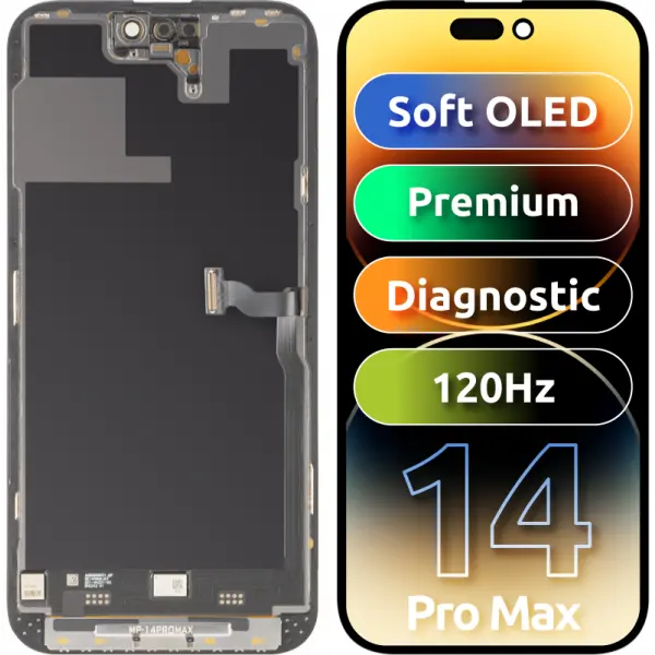 Display cu Touchscreen MP compatibil cu Apple iPhone 14 Pro Max, cu Rama, Versiune Premium Soft OLED FHD 120Hz Diagnostic, Negru