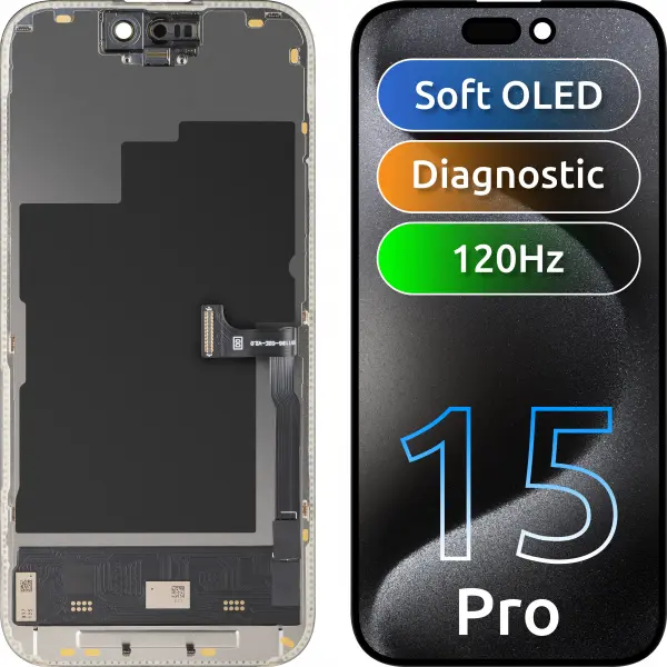 Display cu Touchscreen MP compatibil cu Apple iPhone 15 Pro, cu Rama, Versiune Soft OLED FHD 120Hz Diagnostic, Negru