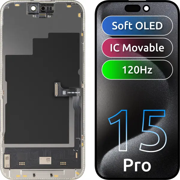 Display cu Touchscreen MP compatibil cu Apple iPhone 15 Pro, cu Rama, Versiune Soft OLED FHD 120Hz IC Movable, Negru