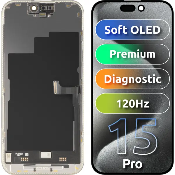 Display cu Touchscreen MP compatibil cu Apple iPhone 15 Pro, cu Rama, Versiune Premium Soft OLED FHD 120Hz Diagnostic, Negru