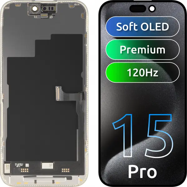 Display cu Touchscreen MP compatibil cu Apple iPhone 15 Pro, cu Rama, Versiune Premium Soft OLED FHD 120Hz, Negru