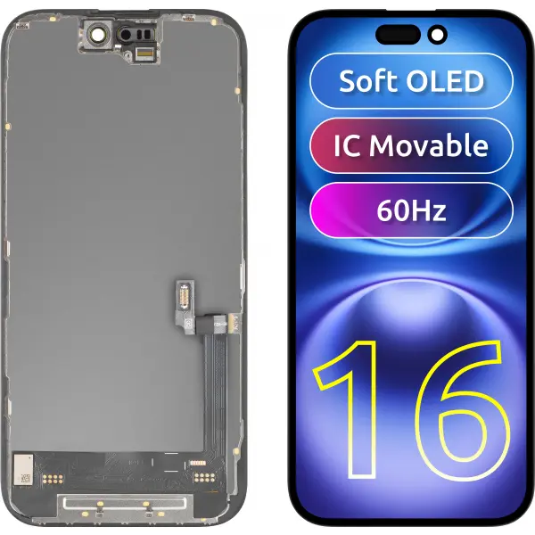Display cu Touchscreen MP compatibil cu Apple iPhone 16, cu Rama, Versiune Soft OLED FHD IC Movable, Negru