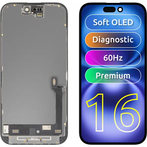 Display cu Touchscreen MP compatibil cu Apple iPhone 16, cu Rama, Versiune Premium Soft OLED FHD Diagnostic, Negru