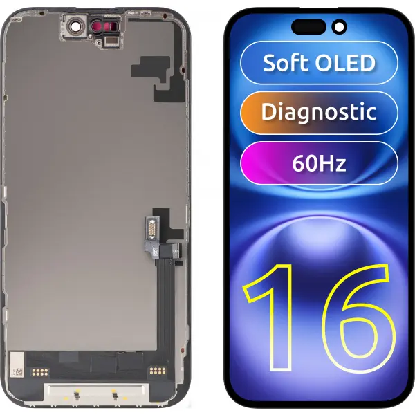 Display cu Touchscreen MP compatibil cu Apple iPhone 16, cu Rama, Versiune Soft OLED FHD Diagnostic, Negru