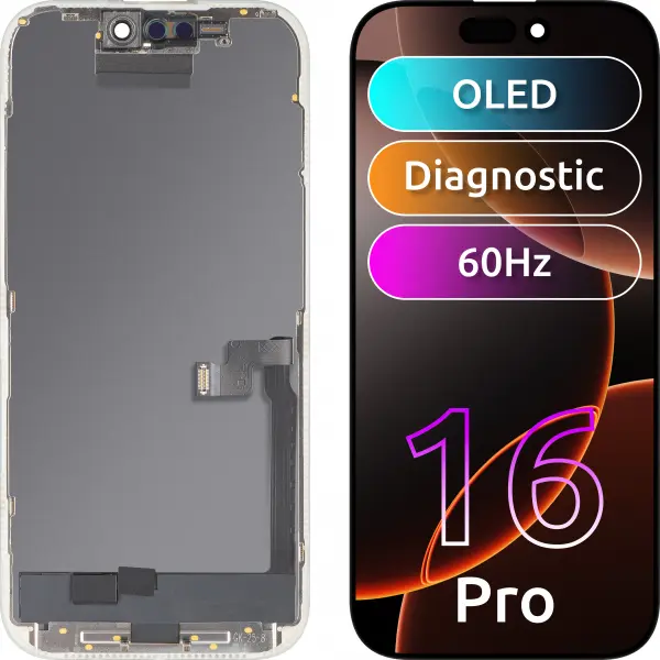 Display cu Touchscreen MP compatibil cu Apple iPhone 16 Pro, cu Rama, Versiune OLED FHD Diagnostic, Negru