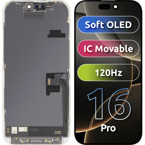 Display cu Touchscreen MP compatibil cu Apple iPhone 16 Pro, cu Rama, Versiune Soft OLED FHD 120Hz IC Movable, Negru