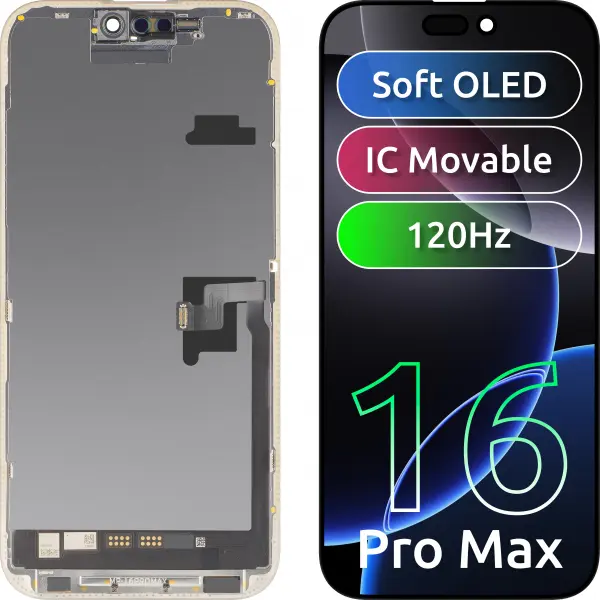 Display cu Touchscreen MP compatibil cu Apple iPhone 16 Pro Max, cu Rama, Versiune Soft OLED FHD IC Movable, Negru