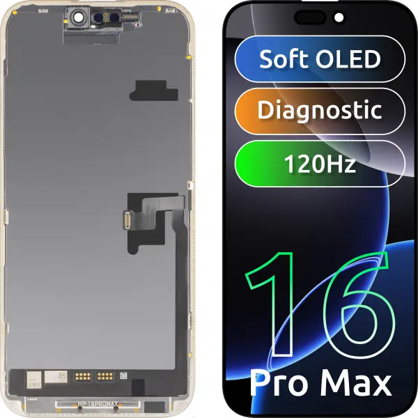 Display cu Touchscreen MP compatibil cu Apple iPhone 16 Pro Max, cu Rama, Versiune Soft OLED FHD 120Hz Diagnostic, Negru