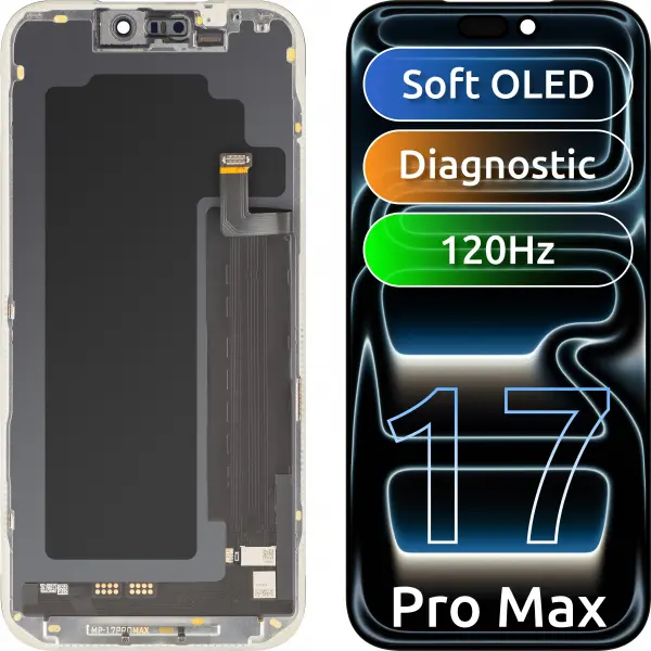 Display cu Touchscreen MP compatibil cu Apple iPhone 17 Pro Max, cu Rama, Versiune Soft OLED FHD 120Hz Diagnostic, Negru