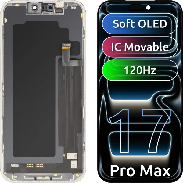 Display cu Touchscreen MP compatibil cu Apple iPhone 17 Pro Max, cu Rama, Versiune Soft OLED FHD 120Hz IC Movable, Negru