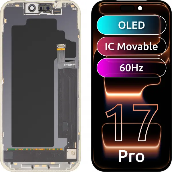 Display cu Touchscreen MP compatibil cu Apple iPhone 17 Pro, cu Rama, Versiune OLED FHD IC Movable, Negru