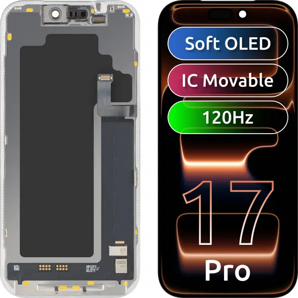 Display cu Touchscreen MP compatibil cu Apple iPhone 17 Pro, cu Rama, Versiune Soft OLED FHD 120Hz IC Movable, Negru