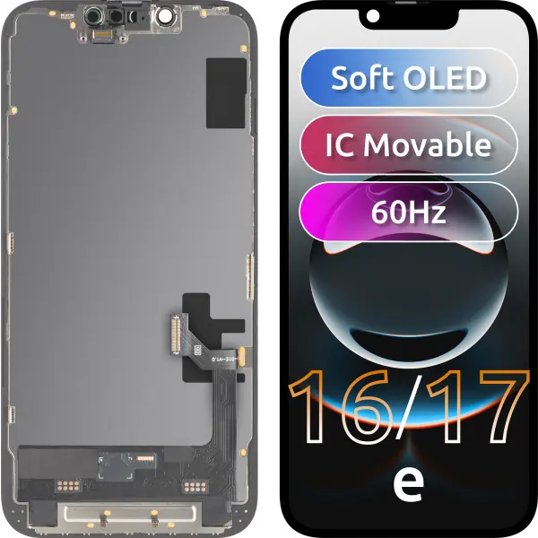 Display cu Touchscreen MP compatibil cu Apple iPhone 17e / 16e, cu Rama, Versiune Soft OLED FHD IC Movable, Negru