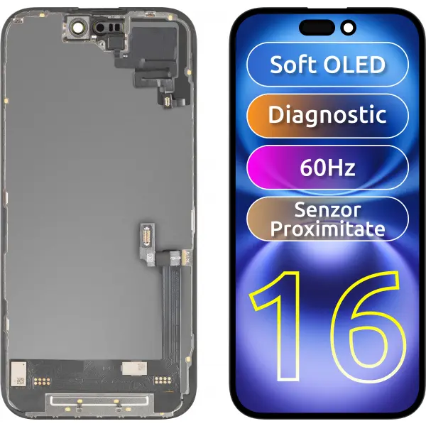 Display cu Touchscreen si Senzor Proximitate MP compatibil cu Apple iPhone 16, cu Rama, Versiune Soft OLED FHD Diagnostic, Negru