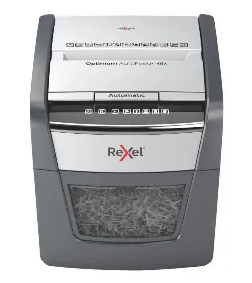 Distrugator automat documente Rexel OPTIMUM 45X 2020045XEU, 45 coli, P4, cos 20L (Negru/gri)
