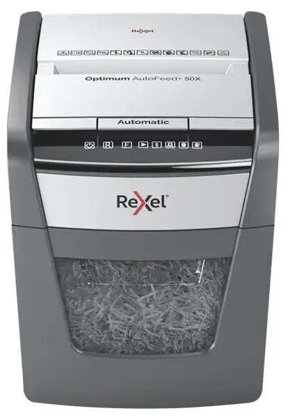 Distrugator documente si carduri automat Rexel Optimum AutoFeed+ 50X RX-2020050XEU, P4, Cross-cut, 50 Coli, Cos 20 L (Negru)