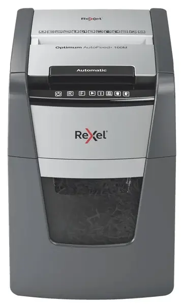 Distrugator documente si carduri automat Rexel Optimum AutoFeed+ 100M RX-2020100MEU, P5, 100 Coli, Cos 34 L (Negru)