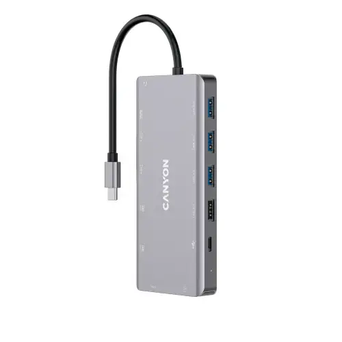 Docking Station Canyon CNS-TDS12 13 in 1, 2*HDMI, 3*USB3.0, 1*USB2.0, 1*PD 100W, 1*VGA, 1* USB Type C, 1*Glgabit Ethernet, 1*Jack 3.5mm audio (Gri)