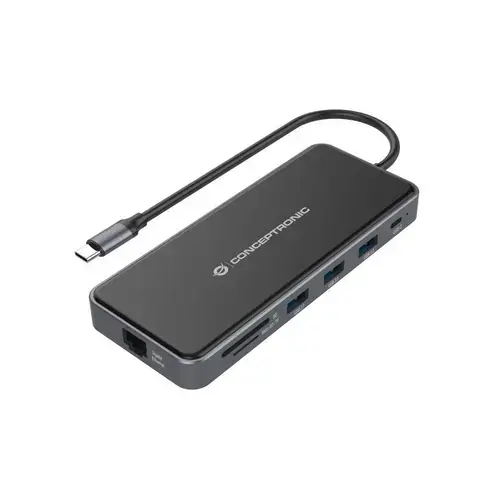 Docking station Conceptronic DONN15G, HDMI x 2, VGA x 1, USB-C PD x 1, USB-C Data x 1, USB 3.0 x 2, USB 2.0 x 1, SD x 1, MicroSD/TF x 1, Gigabit LAN x 1, Audio x 1 (Negru)
