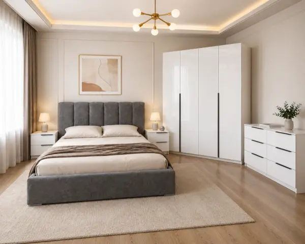 Dormitor Prestige 4 Usi cu pat tapitat Acril Alb